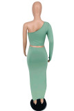 Green Sexy Casual Letter Print Backless Oblique Collar Long Sleeve Two Pieces