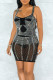 Black Sexy Solid Patchwork See-through Hot Drill Spaghetti Strap A Line Dresses