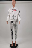 White Casual Print Patchwork Hooded Collar Long Sleeve Two Pieces