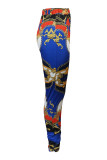 Blue Fashion Street Print Patchwork Mid Waist Pencil Bottoms