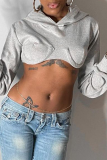 Grey Sexy Solid Patchwork Hooded Collar Tops