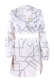 White Sexy Print Patchwork V Neck Long Sleeve Two Pieces