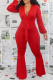 Red Casual Solid Bandage V Neck Boot Cut Jumpsuits