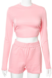 Pink Sexy Solid Backless O Neck Long Sleeve Two Pieces