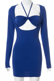 Blue Sexy Solid Hollowed Out Halter Pencil Skirt Dresses