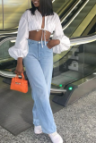 White Sexy Solid Bandage Turndown Collar Tops