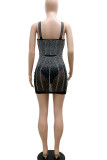 Apricot Sexy Solid Patchwork See-through Hot Drill Spaghetti Strap A Line Dresses