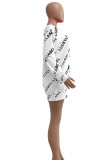 White Fashion Casual Letter Print Basic O Neck Long Sleeve Dresses