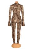Leopard Print Sexy Animal Print Patchwork Long Sleeve Two Pieces