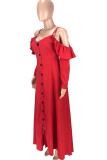 Red Casual Sweet Solid Split Joint Buckle Flounce Spaghetti Strap Sling Dress Dresses