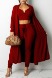 Burgundy Fashion Sexy Solid Split Joint V Neck Long Sleeve Three Pieces