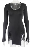 Black Fashion Sexy Solid Asymmetrical V Neck Long Sleeve Dresses