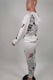 White Casual Print Patchwork Hooded Collar Long Sleeve Two Pieces