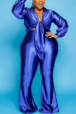 Blue Fashion Solid V Neck Long Sleeve Two Pieces