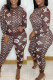 Coffee Fashion Casual Print Basic O Neck Long Sleeve Two Pieces