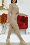 Black Fashion Casual Solid With Belt O Neck Long Sleeve Two Pieces