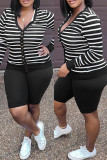 Black Fashion Casual Striped Print Patchwork V Neck Long Sleeve Two Pieces pre-sale