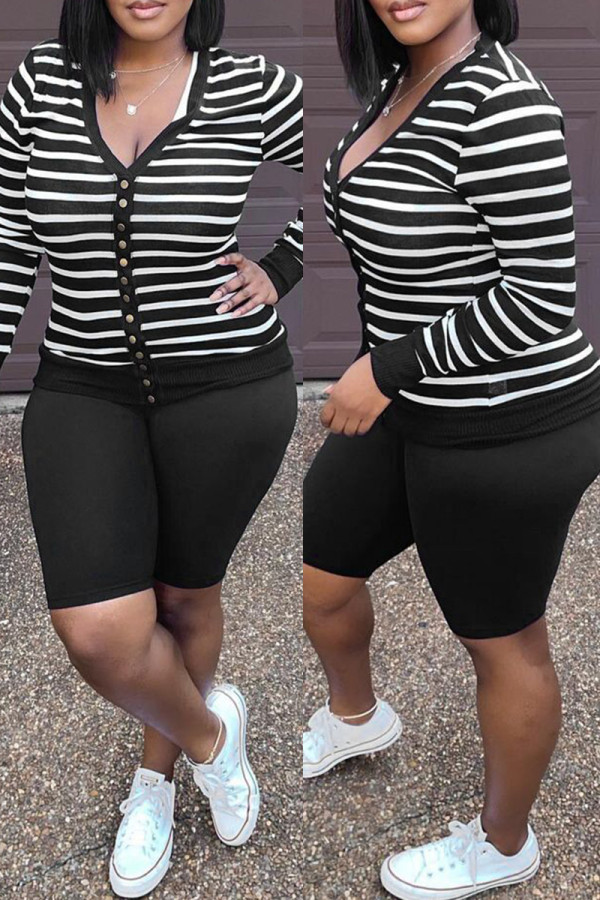 Black Fashion Casual Striped Print Patchwork V Neck Long Sleeve Two Pieces pre-sale