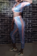 Blue Sexy Print Patchwork V Neck Half Sleeve Two Pieces