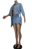 Blue Fashion Casual Solid Cardigan Turndown Collar Three Quarter Two Pieces