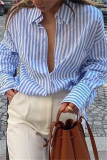Blue Fashion Casual Striped Print Cardigan Turndown Collar Tops