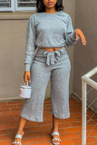 Grey Fashion Casual Solid Basic O Neck Long Sleeve Two Pieces