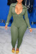 Army Green Fashion Casual Patchwork Solid Color Zipper Collar Skinny Jumpsuits