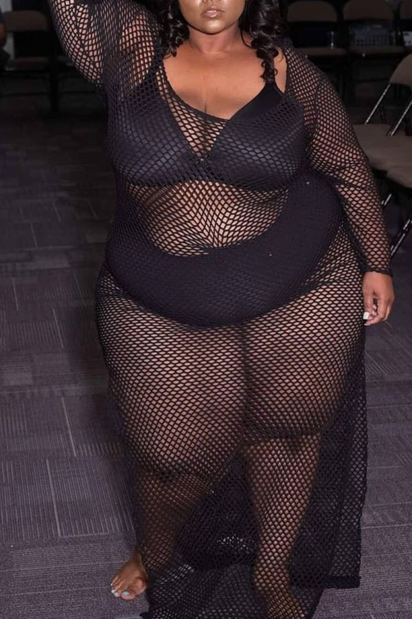 Black Fashion Sexy Solid Hollowed Out See-through O Neck Long Sleeve Dresses
