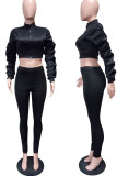Yellow Casual Solid Patchwork Fold Long Sleeve Two Pieces
