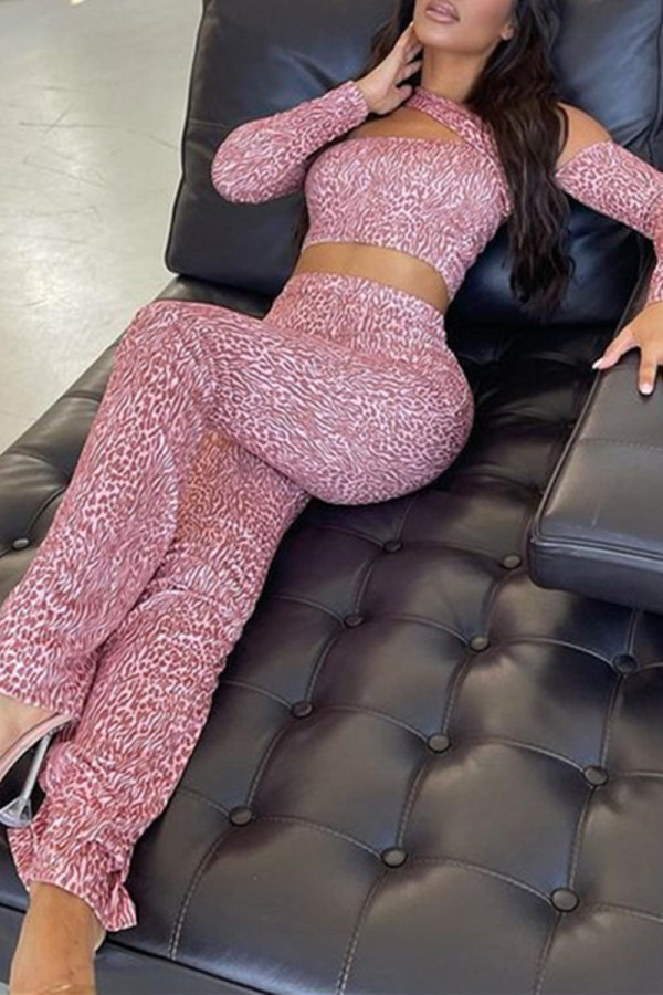 Pink Fashion Sexy Print Patchwork Backless Off the Shoulder Long Sleeve Two Pieces