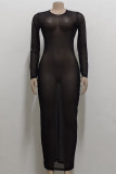 Black Fashion Sexy Solid See-through O Neck Long Sleeve Mesh Sunscreen Beach Dress