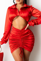 Red Sexy Solid Split Joint Turndown Collar Long Sleeve Two Pieces