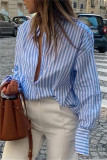 Blue Fashion Casual Striped Print Cardigan Turndown Collar Tops