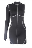 Black Fashion Sexy Patchwork Asymmetrical Half A Turtleneck Long Sleeve Dresses