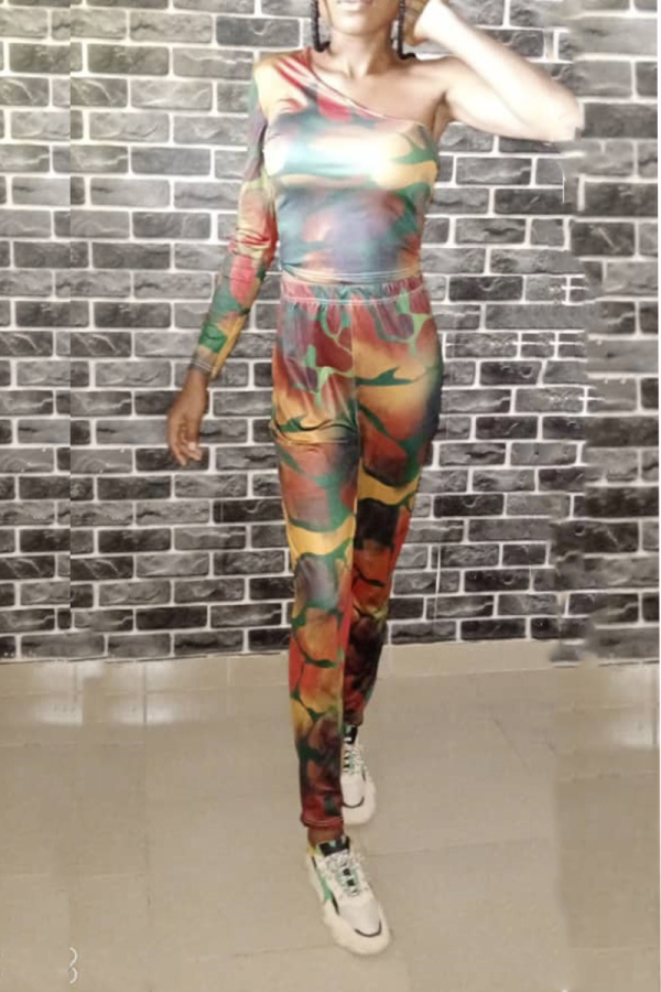 Red Sexy Print Patchwork One Shoulder Long Sleeve Two Pieces