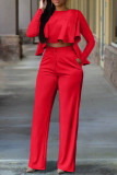 Red Fashion Casual Solid Patchwork O Neck Long Sleeve Two Pieces