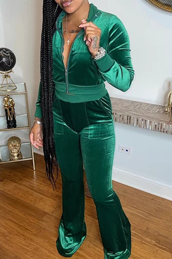 Ink Green Casual Solid Patchwork Turndown Collar Long Sleeve Two Pieces