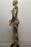 Multicolor Sexy Print Patchwork Draw String High Opening Asymmetrical O Neck Long Sleeve Two Pieces