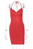 Red Sexy Solid Bandage Backless Slit Halter Sleeveless Dress