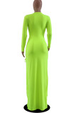 Green Yellow Sexy Solid Split Joint Frenulum High Opening V Neck Straight Dresses