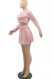 Pink Casual Solid Patchwork O Neck Long Sleeve Two Pieces