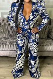 Blue Casual Print Patchwork Turn-back Collar Long Sleeve Two Pieces