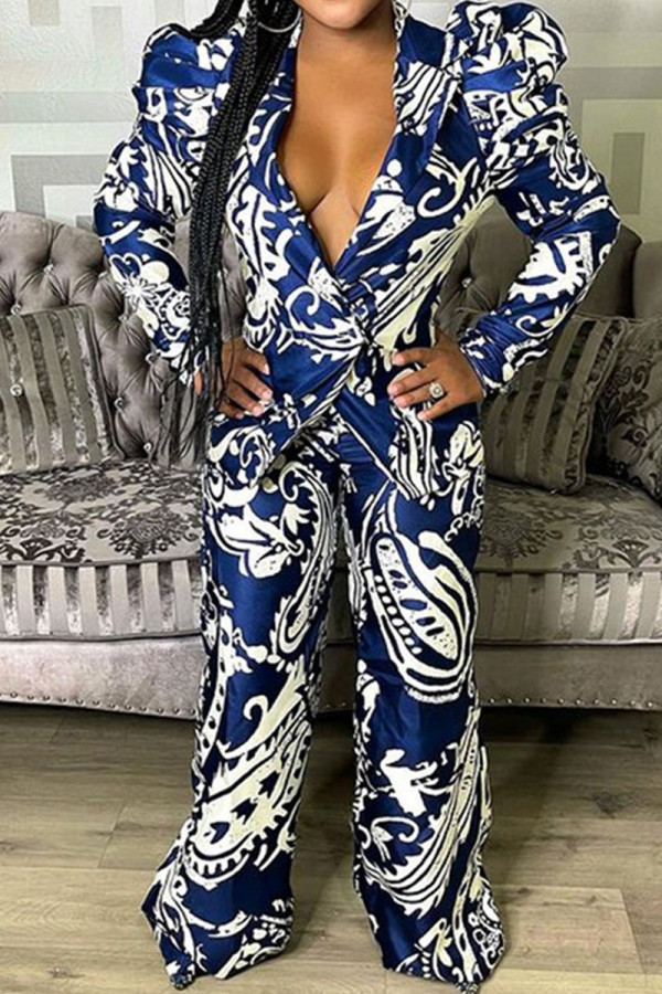 Blue Casual Print Patchwork Turn-back Collar Long Sleeve Two Pieces