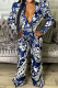 Blue Casual Print Patchwork Turn-back Collar Long Sleeve Two Pieces