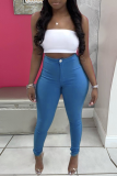 Baby Blue Sexy Solid Patchwork Skinny Mid Waist Pencil Solid Color Bottoms