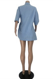 Blue Fashion Casual Solid Cardigan Turndown Collar Three Quarter Two Pieces