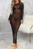 Black Fashion Sexy Solid See-through O Neck Long Sleeve Mesh Sunscreen Beach Dress