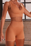 Dark Brown Casual Sportswear Solid Vest Top Shorts Skinny Two-piece Set