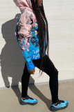 Blue Casual Print Patchwork Hooded Collar Tops
