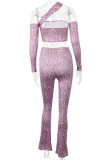 Pink Fashion Sexy Print Patchwork Backless Off the Shoulder Long Sleeve Two Pieces